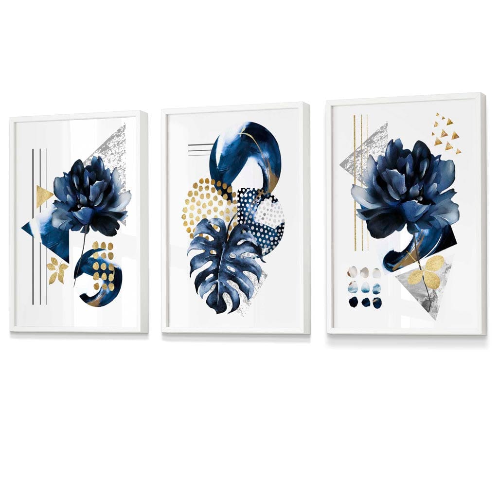 Abstraktes maritimes und goldenes botanisches Set aus 3 gerahmten Wandbildern