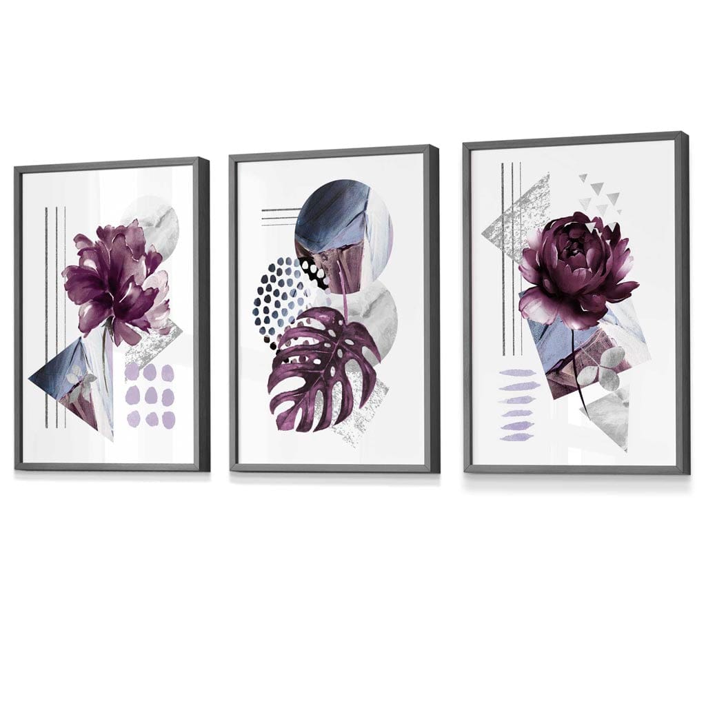 Abstrakte, lila und silbergraue florale Wandbilder mit Rahmen