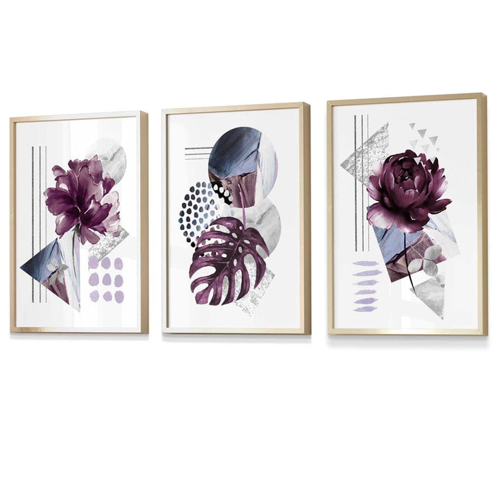 Abstrakte, lila und silbergraue florale Wandbilder mit Rahmen