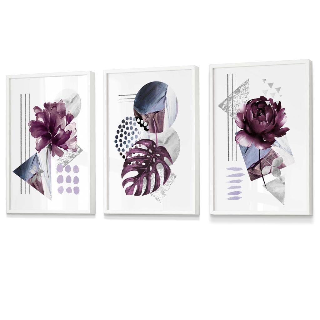 Abstrakte, lila und silbergraue florale Wandbilder mit Rahmen