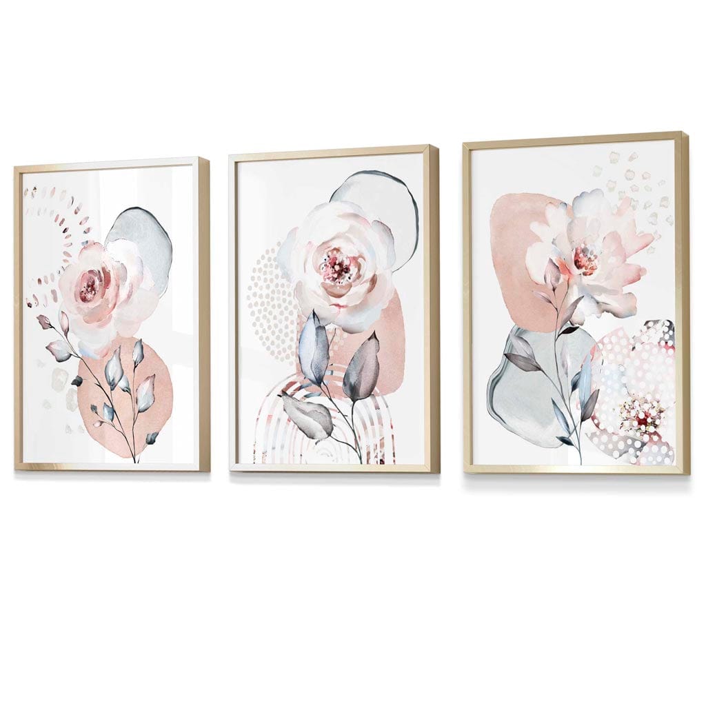 Abstrakte, rosafarbene und graue florale Wandbilder mit Rahmen