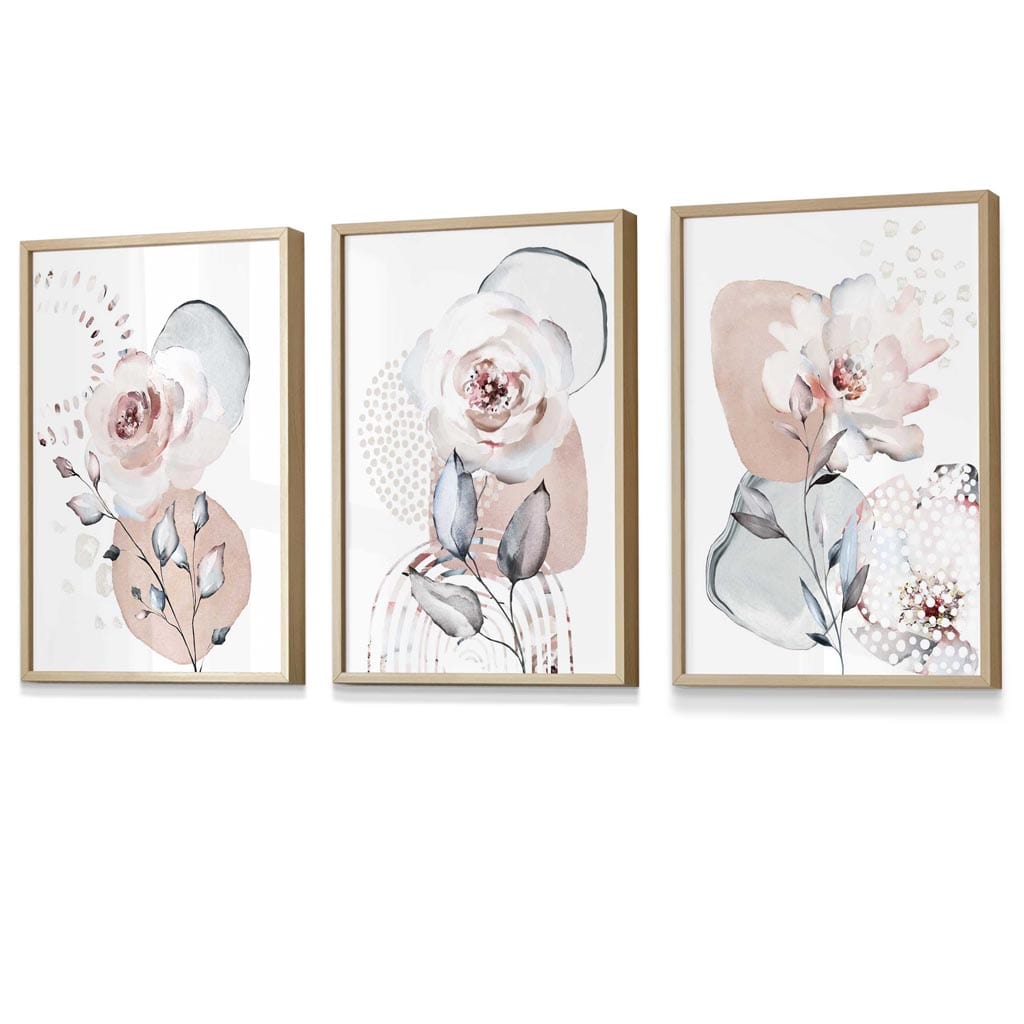 Abstrakte, rosafarbene und graue florale Wandbilder mit Rahmen