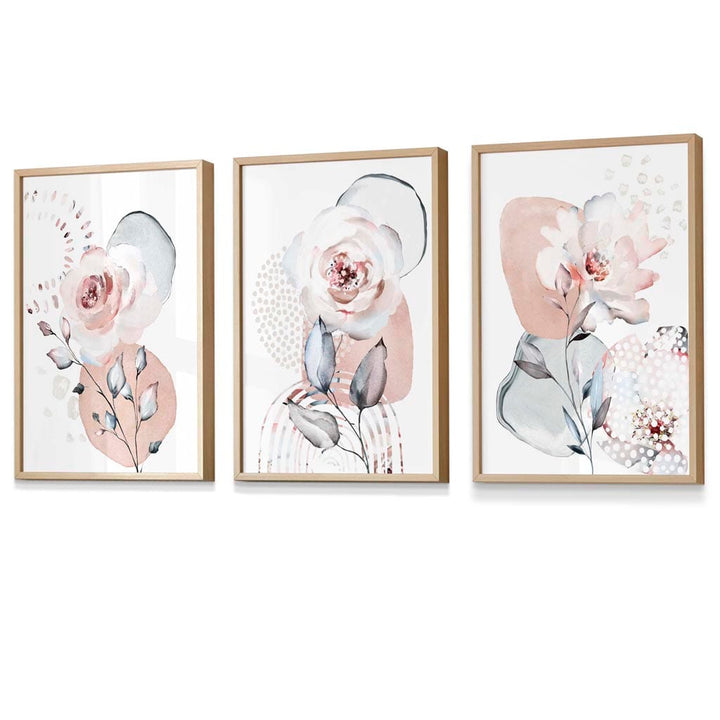 Abstrakte, rosafarbene und graue florale Wandbilder mit Rahmen