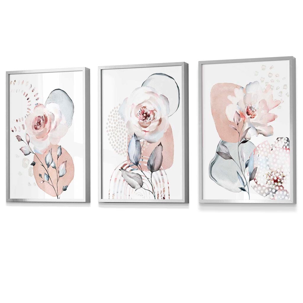 Abstrakte, rosafarbene und graue florale Wandbilder mit Rahmen