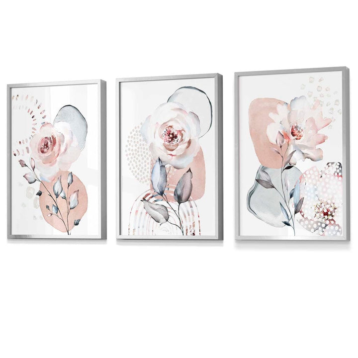 Abstrakte, rosafarbene und graue florale Wandbilder mit Rahmen