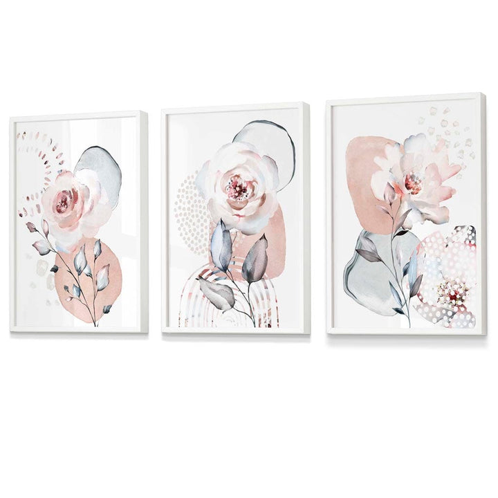 Abstrakte, rosafarbene und graue florale Wandbilder mit Rahmen