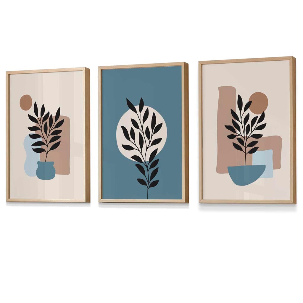 Botanisches 3er-Set Boho-Wandbilder mit Rahmen in Blau und Creme