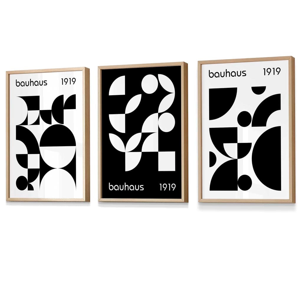 Grafische, geometrische Schwarz-Weiß-Grafiken im Bauhaus-Stil, 3 gerahmte Kunstdrucke