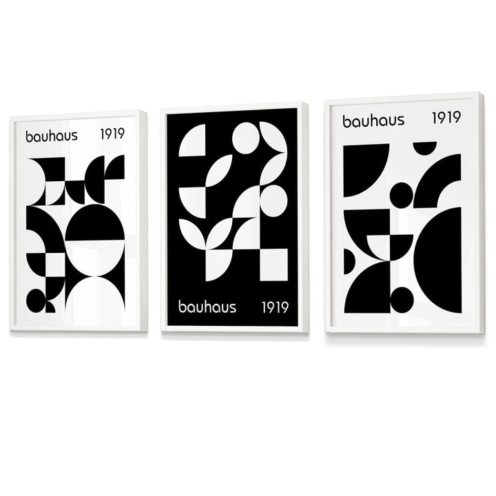 Grafische, geometrische Schwarz-Weiß-Grafiken im Bauhaus-Stil, 3 gerahmte Kunstdrucke
