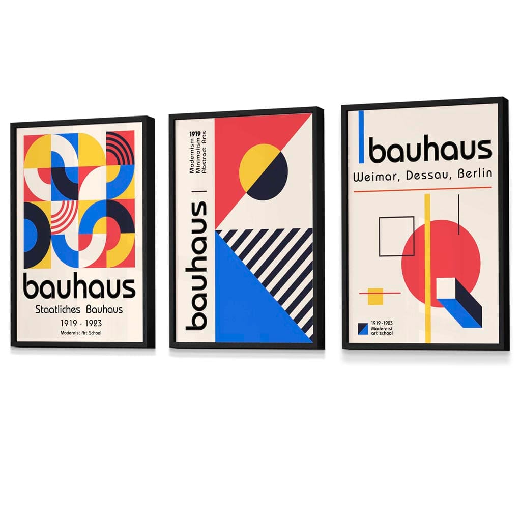 Bauhaus-Muster, rot, blau und gelb, geometrisches Design, 3-teiliges Set gerahmter Kunstdrucke