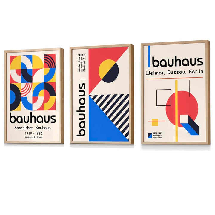 Bauhaus-Muster, rot, blau und gelb, geometrisches Design, 3-teiliges Set gerahmter Kunstdrucke