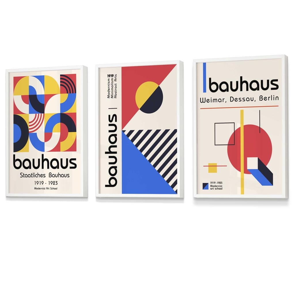 Bauhaus-Muster, rot, blau und gelb, geometrisches Design, 3-teiliges Set gerahmter Kunstdrucke