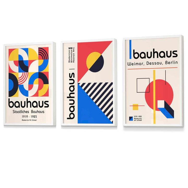 Bauhaus-Muster, rot, blau und gelb, geometrisches Design, 3-teiliges Set gerahmter Kunstdrucke