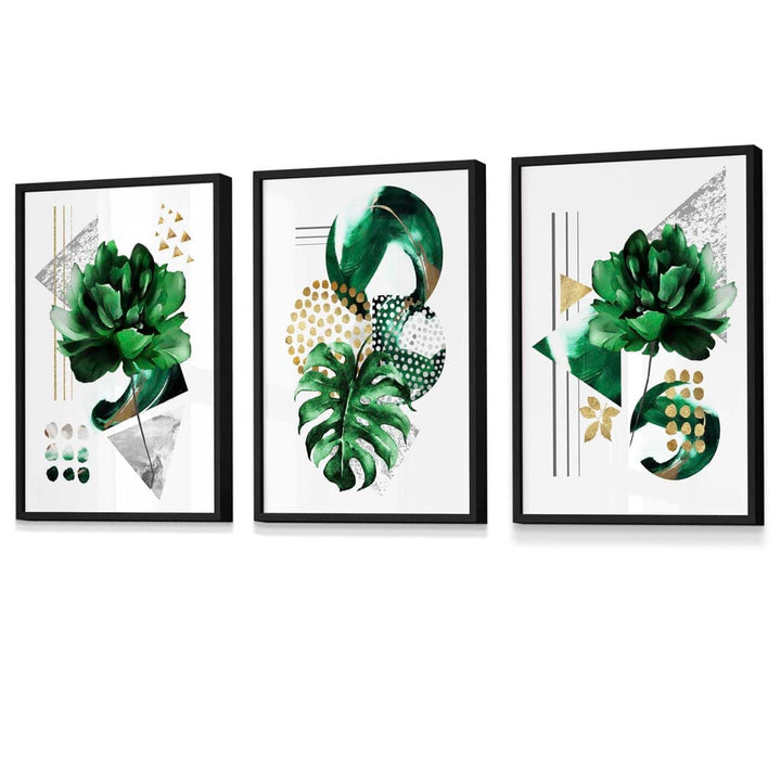 Abstraktes grün-goldenes Blumen-Set aus 3 gerahmten Wandbildern