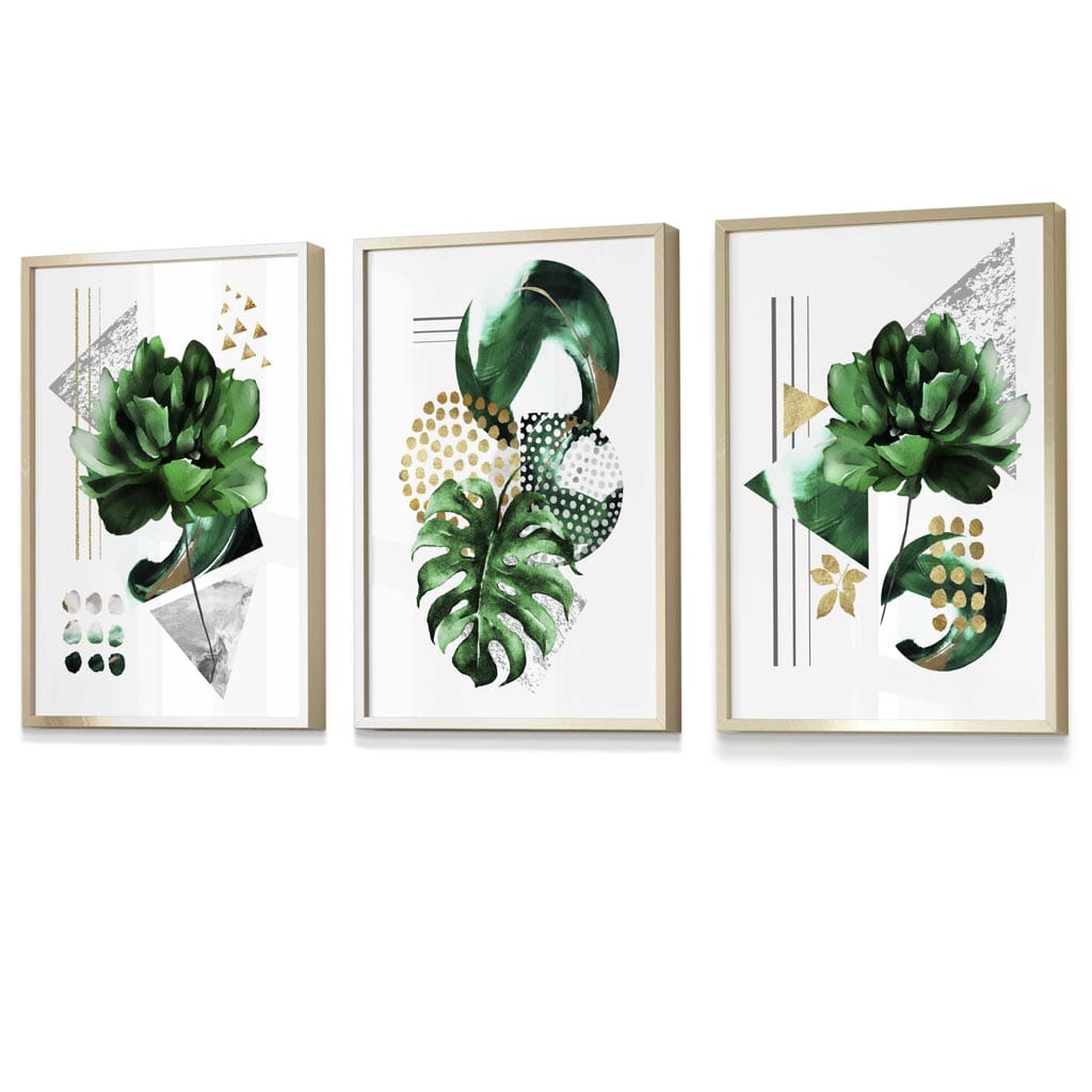 Abstraktes grün-goldenes Blumen-Set aus 3 gerahmten Wandbildern