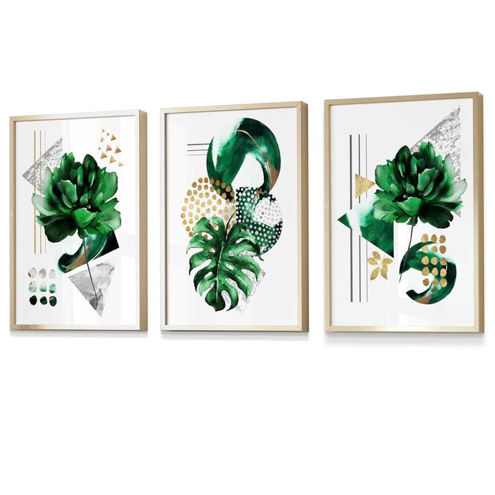 Abstraktes grün-goldenes Blumen-Set aus 3 gerahmten Wandbildern