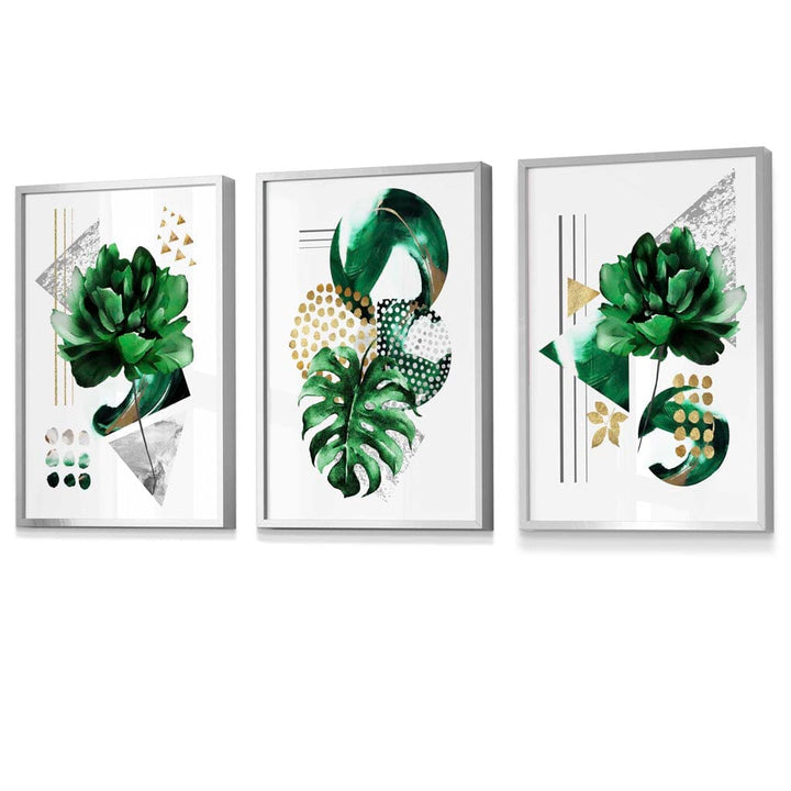 Abstraktes grün-goldenes Blumen-Set aus 3 gerahmten Wandbildern