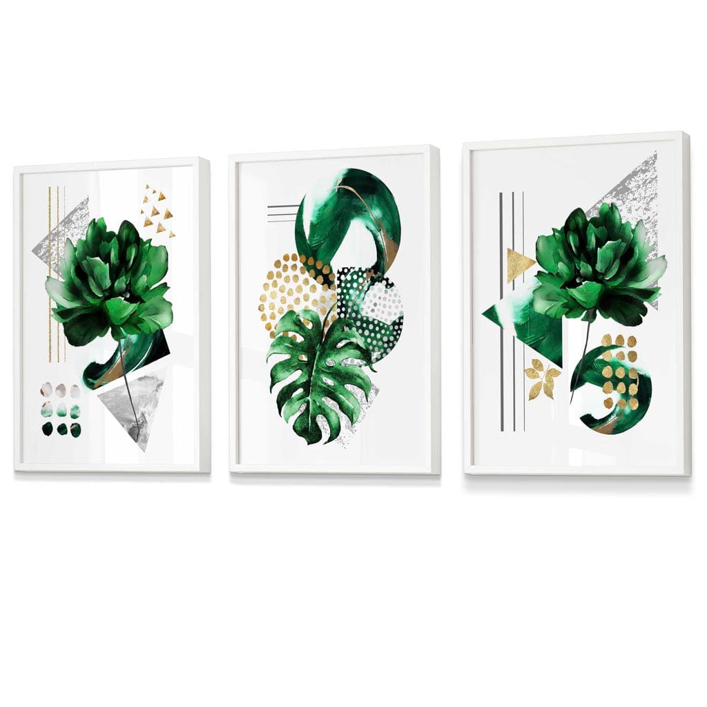 Abstraktes grün-goldenes Blumen-Set aus 3 gerahmten Wandbildern