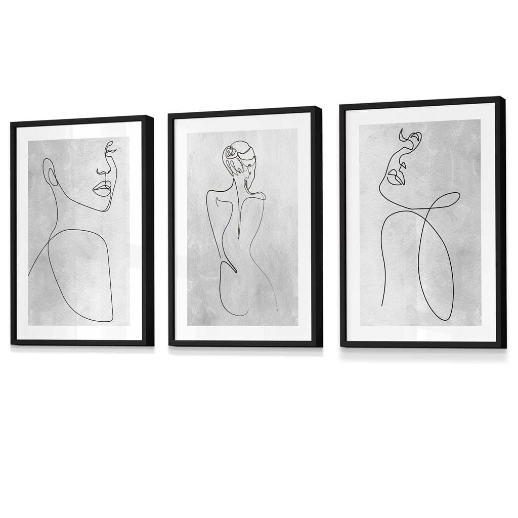 Abstrakte Linienkunst Frau Grau Wandkunst Set mit 3 gerahmten Drucken