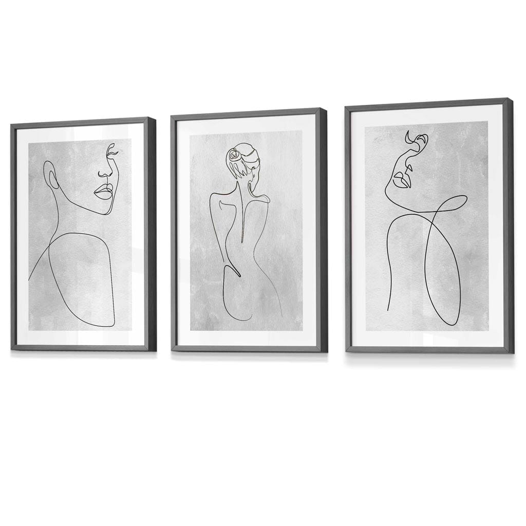 Abstrakte Linienkunst Frau Grau Wandkunst Set mit 3 gerahmten Drucken
