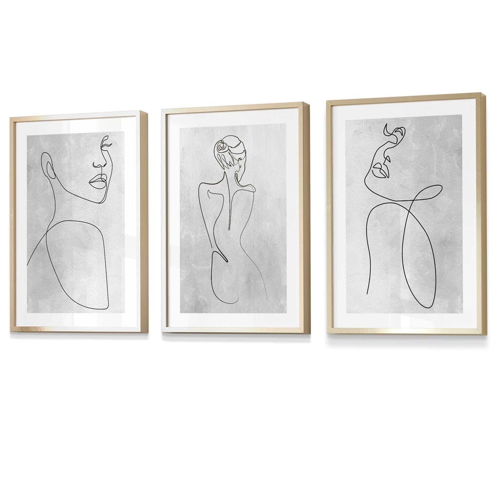 Abstrakte Linienkunst Frau Grau Wandkunst Set mit 3 gerahmten Drucken