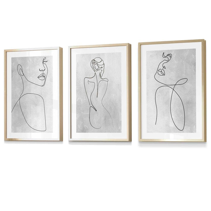 Abstrakte Linienkunst Frau Grau Wandkunst Set mit 3 gerahmten Drucken