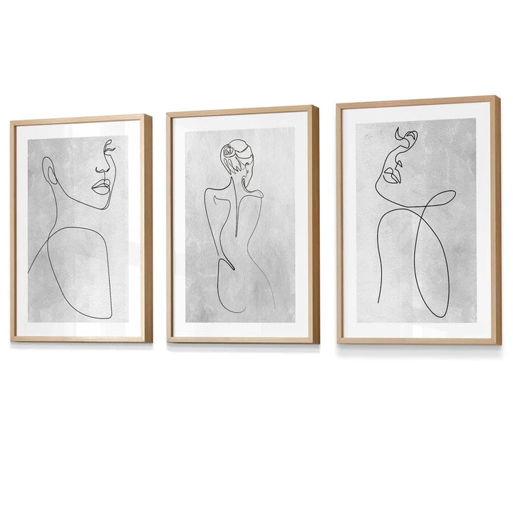 Abstrakte Linienkunst Frau Grau Wandkunst Set mit 3 gerahmten Drucken