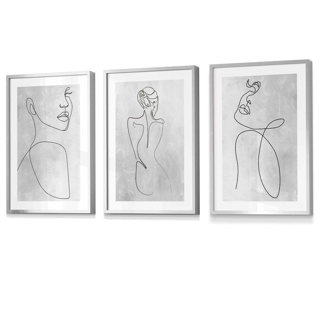 Abstrakte Linienkunst Frau Grau Wandkunst Set mit 3 gerahmten Drucken