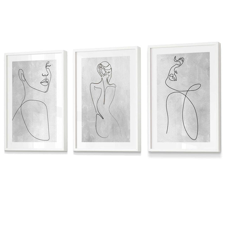 Abstrakte Linienkunst Frau Grau Wandkunst Set mit 3 gerahmten Drucken