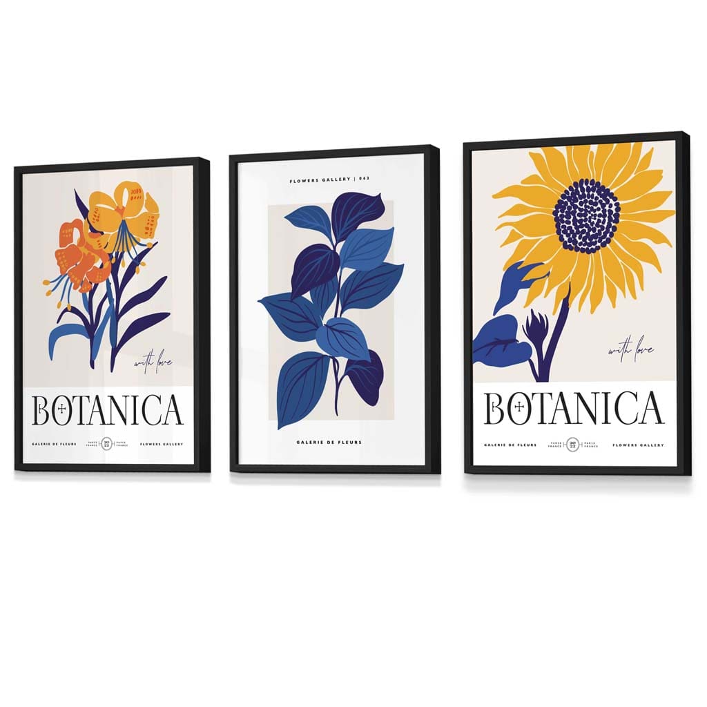 Set aus 3 gerahmten Wandbildern mit Sonnenblumenmotiv im Boho-Stil, blau & gelb