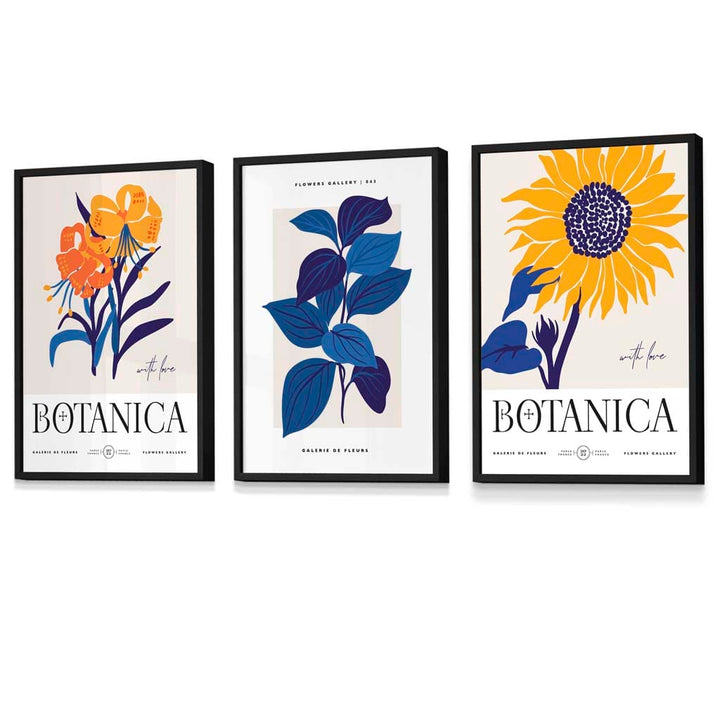 Set aus 3 gerahmten Wandbildern mit Sonnenblumenmotiv im Boho-Stil, blau & gelb