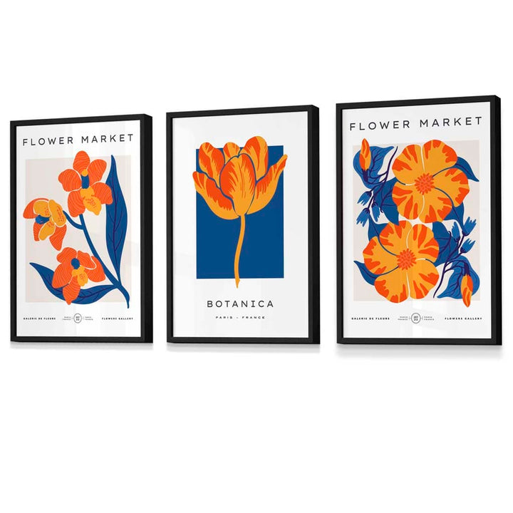 Wandbilder mit Rahmen zum Thema „Blauer und oranger Blumenmarkt“