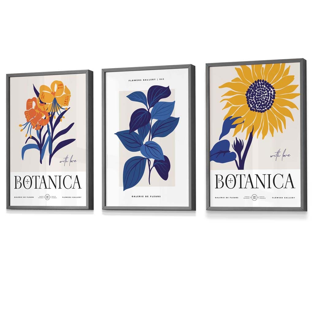 Set aus 3 gerahmten Wandbildern mit Sonnenblumenmotiv im Boho-Stil, blau & gelb