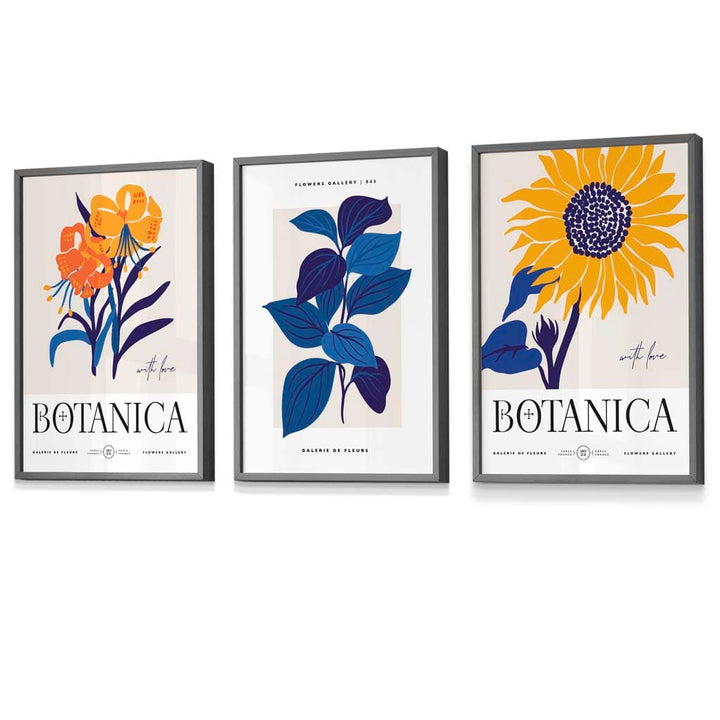 Set aus 3 gerahmten Wandbildern mit Sonnenblumenmotiv im Boho-Stil, blau & gelb