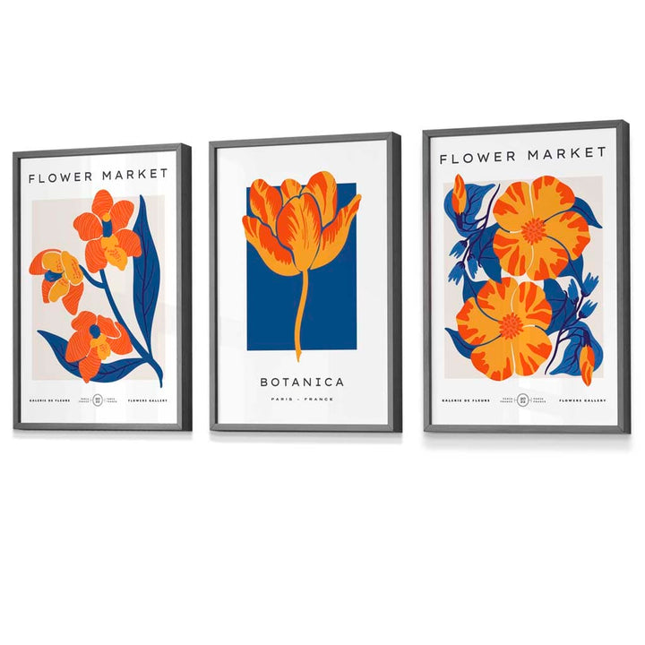Wandbilder mit Rahmen zum Thema „Blauer und oranger Blumenmarkt“