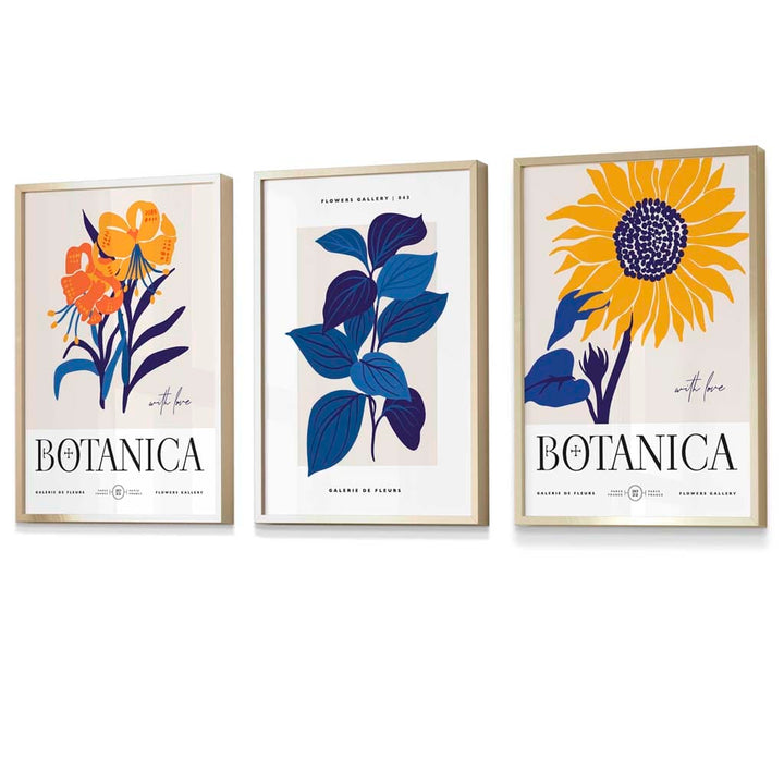 Set aus 3 gerahmten Wandbildern mit Sonnenblumenmotiv im Boho-Stil, blau & gelb