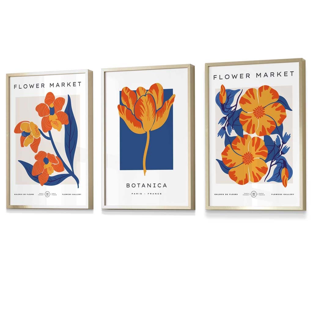 Wandbilder mit Rahmen zum Thema „Blauer und oranger Blumenmarkt“