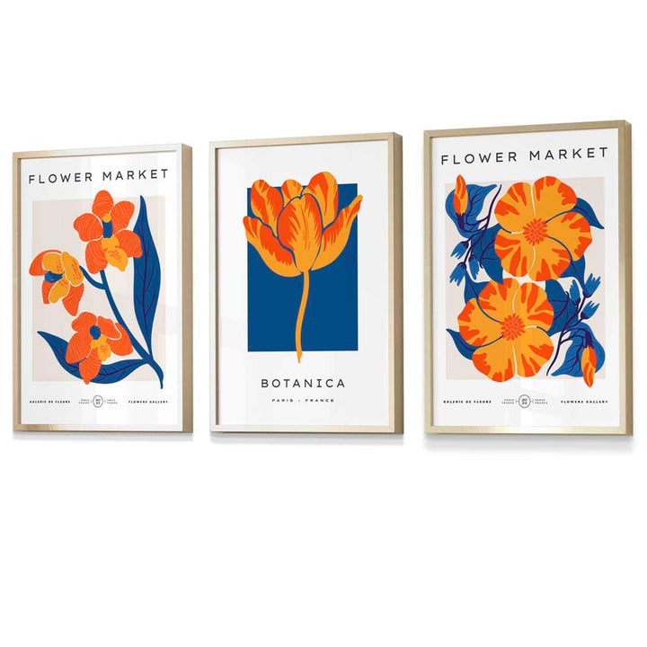 Wandbilder mit Rahmen zum Thema „Blauer und oranger Blumenmarkt“