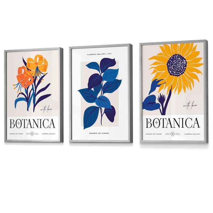 Set aus 3 gerahmten Wandbildern mit Sonnenblumenmotiv im Boho-Stil, blau & gelb