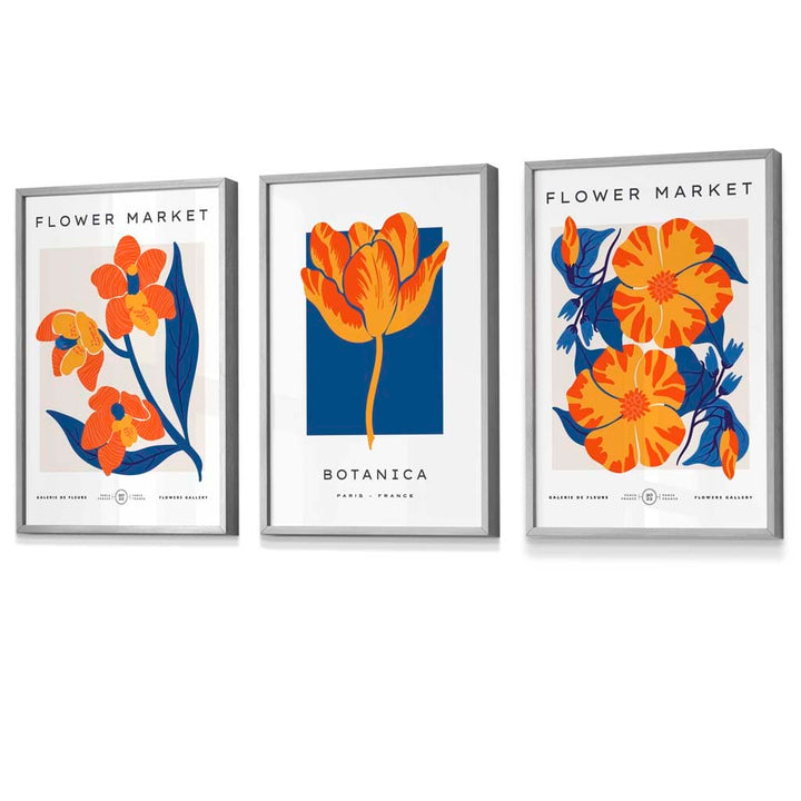 Wandbilder mit Rahmen zum Thema „Blauer und oranger Blumenmarkt“