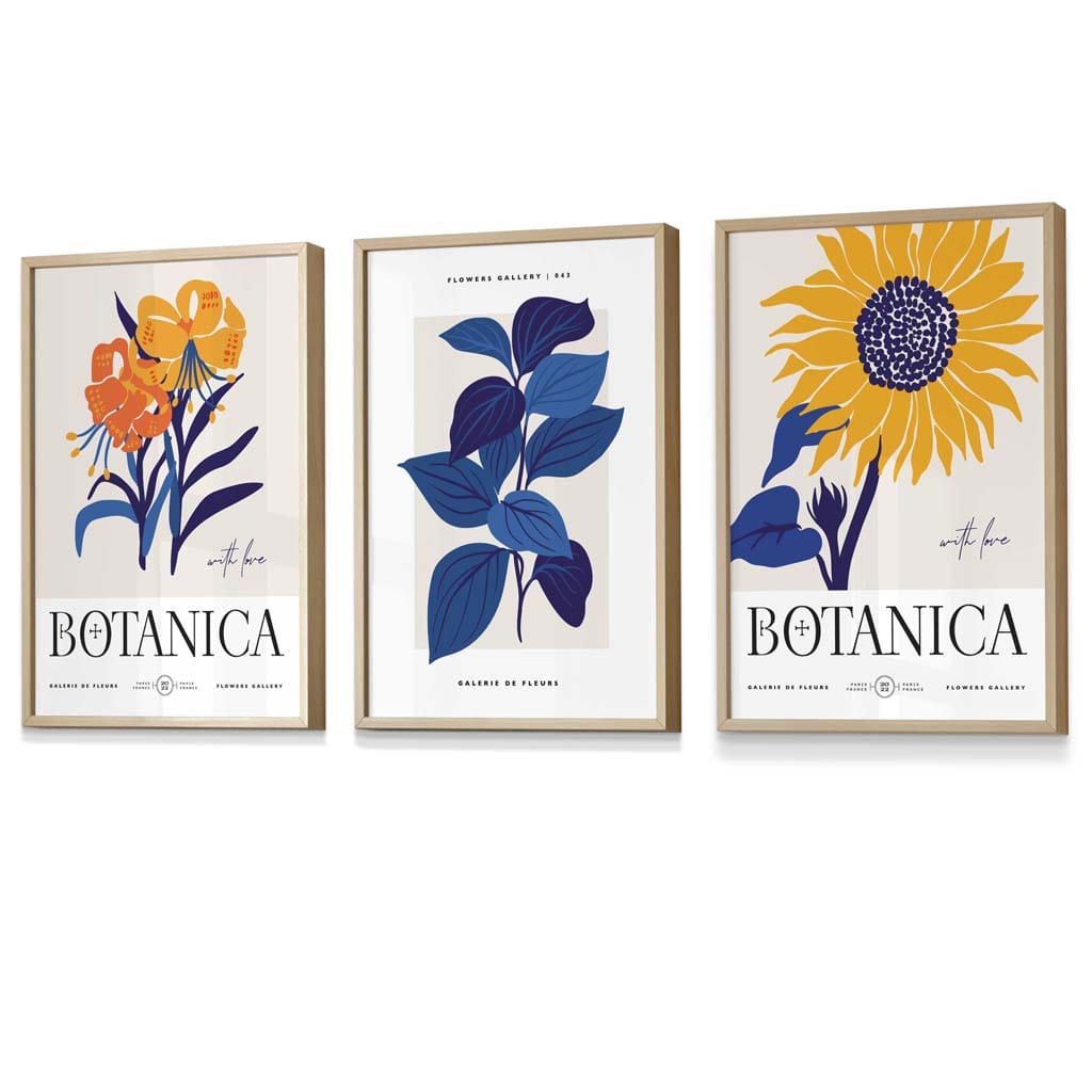 Set aus 3 gerahmten Wandbildern mit Sonnenblumenmotiv im Boho-Stil, blau & gelb