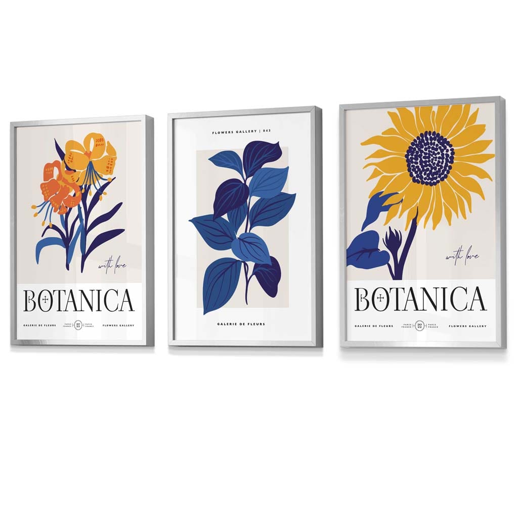 Set aus 3 gerahmten Wandbildern mit Sonnenblumenmotiv im Boho-Stil, blau & gelb