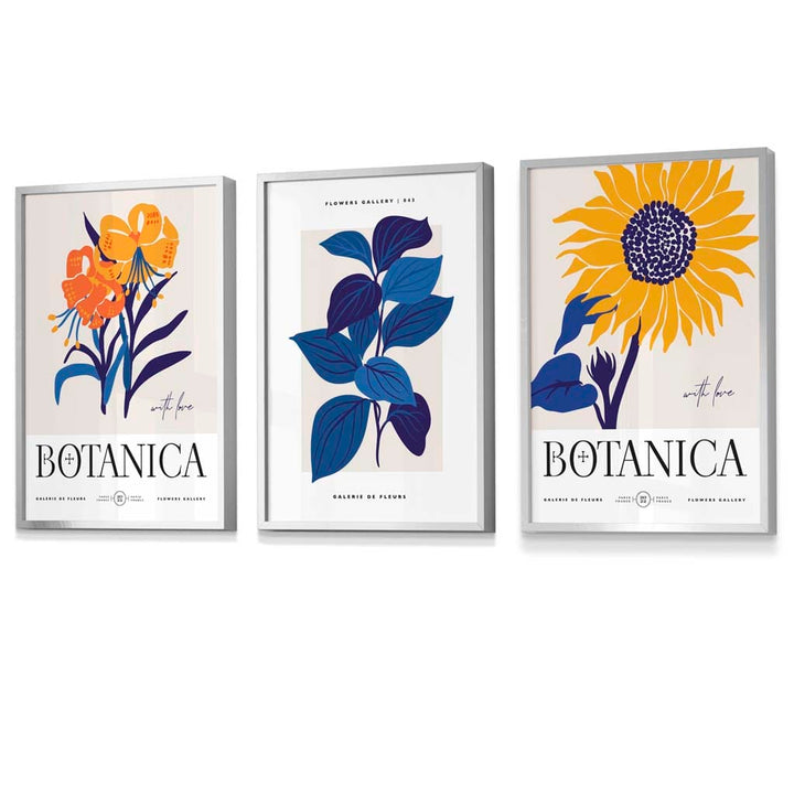 Set aus 3 gerahmten Wandbildern mit Sonnenblumenmotiv im Boho-Stil, blau & gelb