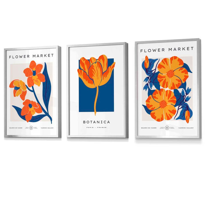 Wandbilder mit Rahmen zum Thema „Blauer und oranger Blumenmarkt“