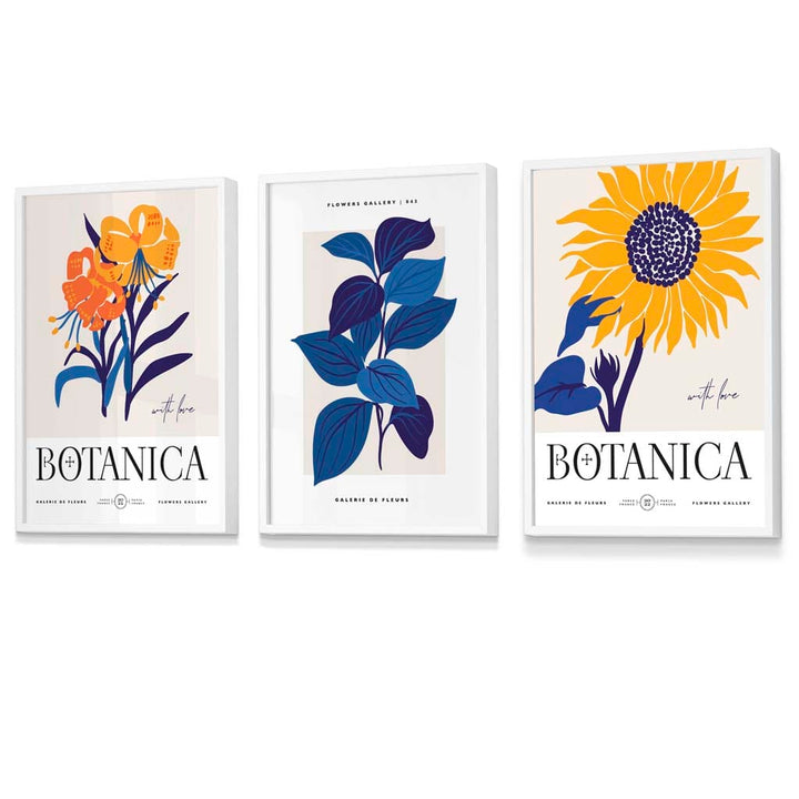 Set aus 3 gerahmten Wandbildern mit Sonnenblumenmotiv im Boho-Stil, blau & gelb