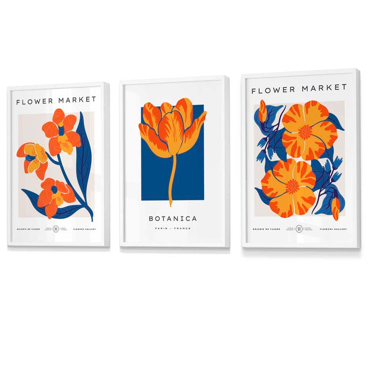 Wandbilder mit Rahmen zum Thema „Blauer und oranger Blumenmarkt“