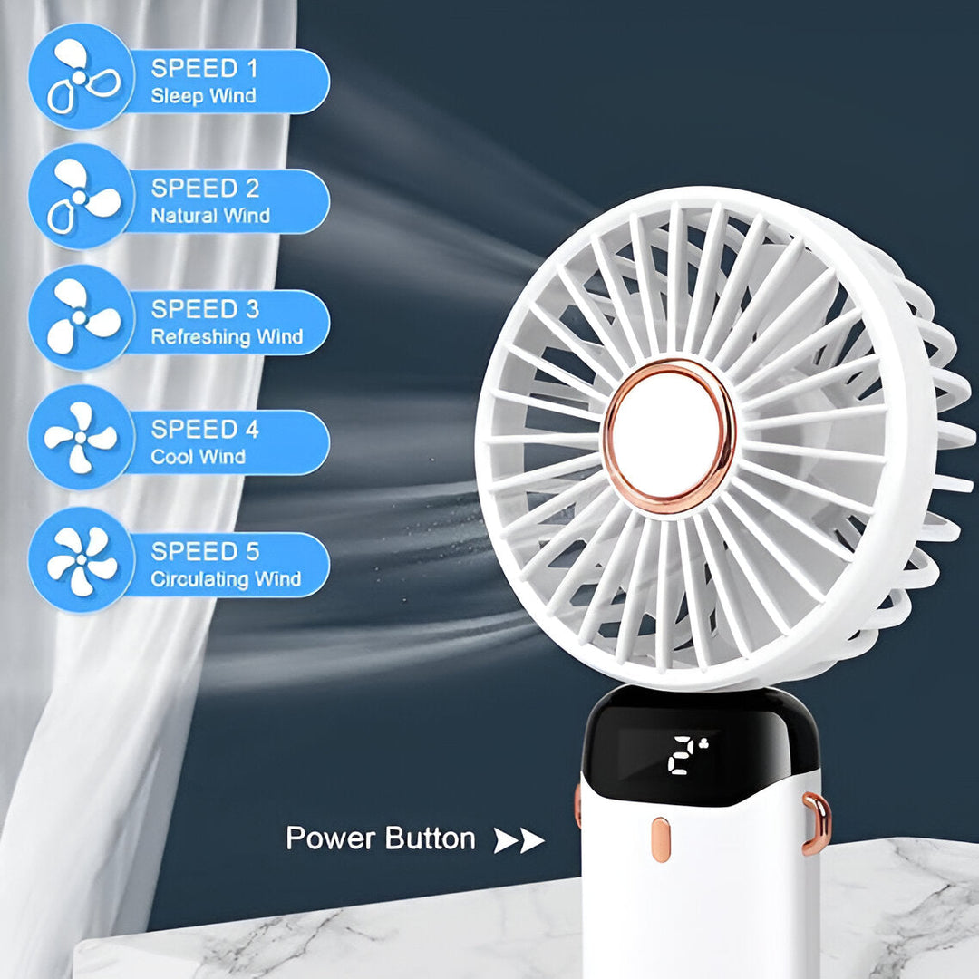 Wiederaufladbarer Handheld Mini Ventilator | 5-Geschwindigkeits, 90-Grad verstellbar & leise für Büro, Zuhause & Außenbereich | Karnz