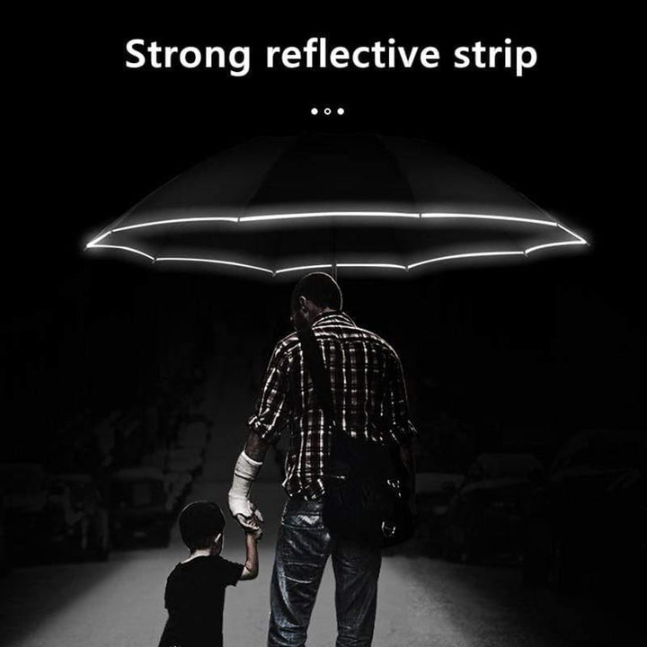 Automatischer Regenschirm mit reflektierendem Streifen, umgekehrter LED-Licht-Regenschirm, dreifach faltbar, invertiert, 10 Rippen, winddichte Regenschirme für Reisen