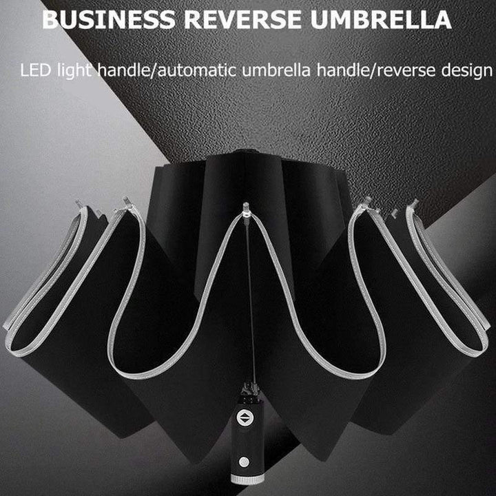 Automatischer Regenschirm mit reflektierendem Streifen, umgekehrter LED-Licht-Regenschirm, dreifach faltbar, invertiert, 10 Rippen, winddichte Regenschirme für Reisen