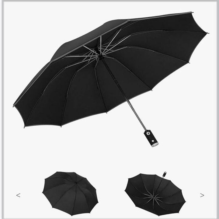 Automatischer Regenschirm mit reflektierendem Streifen, umgekehrter LED-Licht-Regenschirm, dreifach faltbar, invertiert, 10 Rippen, winddichte Regenschirme für Reisen
